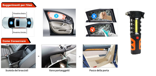 MARTELLO EMERGENZA ROMPI VETRO PER AUTO CON TORCIA LED E TAGLIA CINTURE DI SICUREZZA MARTELLETTO SALVAVITA FRANTUMA VETRI B30