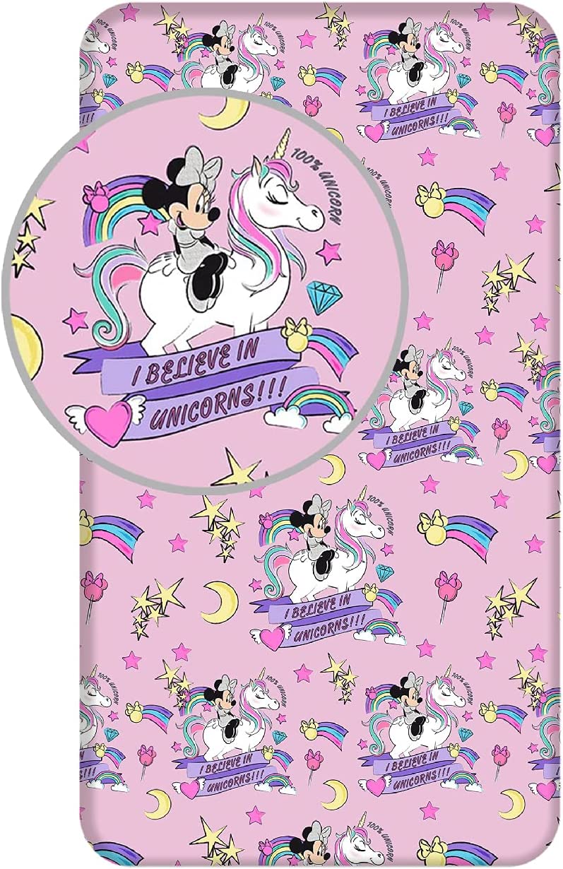 SET DA LETTO MINNIE UNICORNO 3 PEZZI LENZUOLO SOPRA + SOTTO CON ANGOLI + FEDERA 100% COTONE