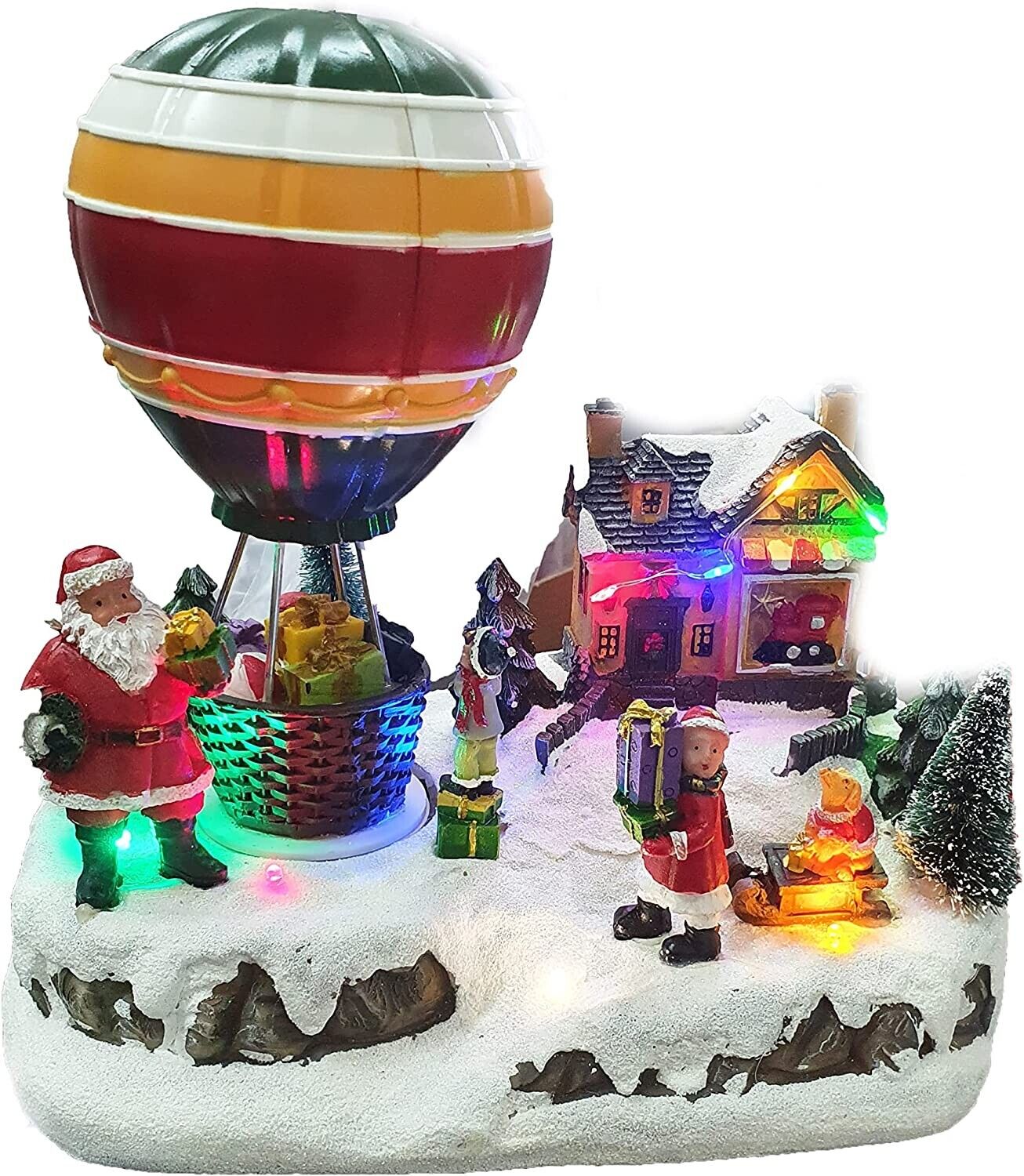 VILLAGGIO NATALIZIO CON MONGOLFIERA GIREVOLE, LUCI LED COLORATE E MUSICHE