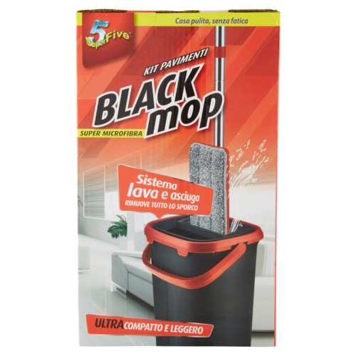 SUPERFIVE BLACK MOP KIT LAVAPAVIMENTI CON SISTEMA LAVA E ASCIUGA IN MICROFIBRA